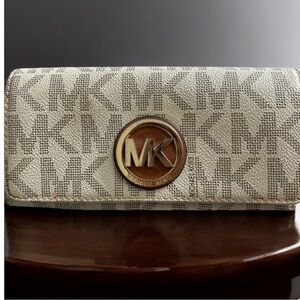 Michael Kors tri fold wallet white and brown MK initals logo with gold MK emblem